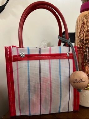 Loro Piana White Mesh Tote with Red Trim and Multicolor Stripes